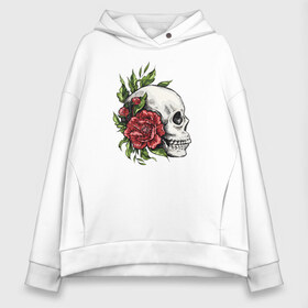 Женское худи Oversize хлопок с принтом Череп и Роза в Новосибирске, френч-терри — 70% хлопок, 30% полиэстер. Мягкий теплый начес внутри —100% хлопок | боковые карманы, эластичные манжеты и нижняя кромка, капюшон на магнитной кнопке | art | bones | fashion | flowers | jolly roger | rose | roses | skeleton | skull | skulls | smile | smiling | арт | ваза | иллюстрация | кости | лепестки | листья | мода | рисунок | роза | розы | скелет | стиль | тренд | улыбающийся | улыбка | ч