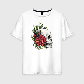 Женская футболка хлопок Oversize с принтом Череп и Роза в Новосибирске, 100% хлопок | свободный крой, круглый ворот, спущенный рукав, длина до линии бедер
 | art | bones | fashion | flowers | jolly roger | rose | roses | skeleton | skull | skulls | smile | smiling | арт | ваза | иллюстрация | кости | лепестки | листья | мода | рисунок | роза | розы | скелет | стиль | тренд | улыбающийся | улыбка | ч