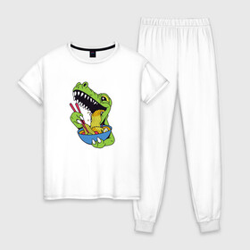 Женская пижама хлопок с принтом Ти Рекс ест Рамен в Новосибирске, 100% хлопок | брюки и футболка прямого кроя, без карманов, на брюках мягкая резинка на поясе и по низу штанин | anime | cute | dino | dinosaur | kanji | kawaii | manga | rex | sushi | t rex | анимешный | грааль | динозаврик | иероглифы | катакана | кушает | лапша | макароны | манга | милота | милый | повелитель | рамен | рекс | суп | суши
