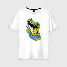 Женская футболка хлопок Oversize с принтом Ти Рекс ест Рамен в Новосибирске, 100% хлопок | свободный крой, круглый ворот, спущенный рукав, длина до линии бедер
 | anime | cute | dino | dinosaur | kanji | kawaii | manga | rex | sushi | t rex | анимешный | грааль | динозаврик | иероглифы | катакана | кушает | лапша | макароны | манга | милота | милый | повелитель | рамен | рекс | суп | суши