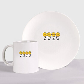 Набор: тарелка + кружка с принтом 2020 (Z) в Новосибирске, керамика | Кружка: объем — 330 мл, диаметр — 80 мм. Принт наносится на бока кружки, можно сделать два разных изображения. 
Тарелка: диаметр - 210 мм, диаметр для нанесения принта - 120 мм. | Тематика изображения на принте: 2020 | 2020 год | 2020год | emoji | smail | smile | the end | апокалипсис | взрыв | год | конец света | мордочка | негатив | рожица | смаил | смайл | улыбка | эмоджи | ядерный взрыв