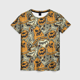 Женская футболка 3D с принтом Хэллоуин в Новосибирске, 100% полиэфир ( синтетическое хлопкоподобное полотно) | прямой крой, круглый вырез горловины, длина до линии бедер | art | background | candy | halloween | pumpkin | star | texture | арт | звезда | конфеты | текстура | тыква | фон | хэллоуин | хэлуин