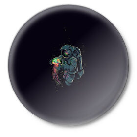 Значок с принтом Космонавт в Новосибирске,  металл | круглая форма, металлическая застежка в виде булавки | арт | астронавт | звезда | звёзды | инопланетная жизнь | инопланетянин | космонавт | космос | медуза | ночь | рисунок | скафандр