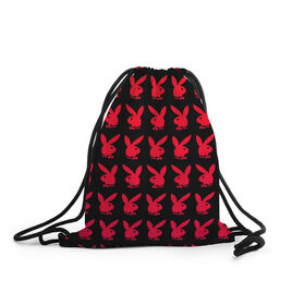 Рюкзак-мешок 3D с принтом playboy в Новосибирске, 100% полиэстер | плотность ткани — 200 г/м2, размер — 35 х 45 см; лямки — толстые шнурки, застежка на шнуровке, без карманов и подкладки | Тематика изображения на принте: black | love | playboy | rabbit | red | красный | кролик. | любовь | плейбой | черный