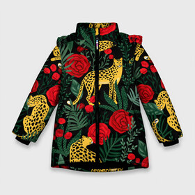 Зимняя куртка для девочек 3D с принтом Леопарды и цветы в Новосибирске, ткань верха — 100% полиэстер; подклад — 100% полиэстер, утеплитель — 100% полиэстер. | длина ниже бедра, удлиненная спинка, воротник стойка и отстегивающийся капюшон. Есть боковые карманы с листочкой на кнопках, утяжки по низу изделия и внутренний карман на молнии. 

Предусмотрены светоотражающий принт на спинке, радужный светоотражающий элемент на пуллере молнии и на резинке для утяжки. | leopard | животные | звери | леопард | леопарды | листья | принт животных | принт с животными | природа | растения | роза | розы | тропики | хищники | цветок | цветы