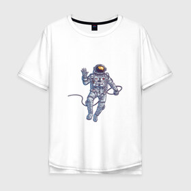 Мужская футболка хлопок Oversize с принтом Привет от космонавта в Новосибирске, 100% хлопок | свободный крой, круглый ворот, “спинка” длиннее передней части | Тематика изображения на принте: арт | астронавт | космонавт | космос | невесомость | передаёт привет | привет | рисунок | скафандр