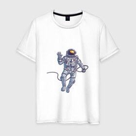 Мужская футболка хлопок с принтом Привет от космонавта в Новосибирске, 100% хлопок | прямой крой, круглый вырез горловины, длина до линии бедер, слегка спущенное плечо. | Тематика изображения на принте: арт | астронавт | космонавт | космос | невесомость | передаёт привет | привет | рисунок | скафандр