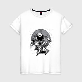 Женская футболка хлопок с принтом Космический скейт в Новосибирске, 100% хлопок | прямой крой, круглый вырез горловины, длина до линии бедер, слегка спущенное плечо | арт | астронавт | звезда | звёзды | космический отдых | космонавт | космос | ночь | рисунок | скафандр | скейт | скейтборд