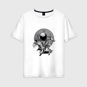Женская футболка хлопок Oversize с принтом Космический скейт в Новосибирске, 100% хлопок | свободный крой, круглый ворот, спущенный рукав, длина до линии бедер
 | арт | астронавт | звезда | звёзды | космический отдых | космонавт | космос | ночь | рисунок | скафандр | скейт | скейтборд