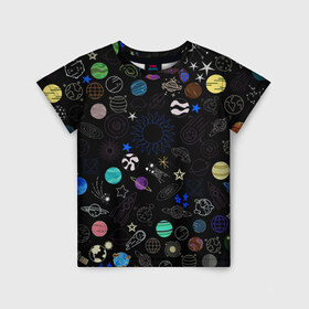 Детская футболка 3D с принтом космос в Новосибирске, 100% гипоаллергенный полиэфир | прямой крой, круглый вырез горловины, длина до линии бедер, чуть спущенное плечо, ткань немного тянется | Тематика изображения на принте: астероиды | бесконечность | галактика | звезда | звездочка | звезды | комета | космос | летающая тарелка | луна | марс | меркурий | метеор | мир | млечный путь | нло | планета земля | планеты | ракета