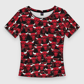 Женская футболка 3D Slim с принтом Быки Chicago Bulls в Новосибирске,  |  | баскетбол | бык | корова | красный | нба | паттерн | рога | чикаго буллз