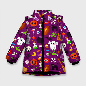 Зимняя куртка для девочек 3D с принтом Halloween в Новосибирске, ткань верха — 100% полиэстер; подклад — 100% полиэстер, утеплитель — 100% полиэстер. | длина ниже бедра, удлиненная спинка, воротник стойка и отстегивающийся капюшон. Есть боковые карманы с листочкой на кнопках, утяжки по низу изделия и внутренний карман на молнии. 

Предусмотрены светоотражающий принт на спинке, радужный светоотражающий элемент на пуллере молнии и на резинке для утяжки. | Тематика изображения на принте: 31 октября | halloween | halowen | ведьма | день всех святых | джек | костюм | кровь | лого | монстр | надпись | праздник | приведение | призрак | светильник | символ | страшная | тыква | ужасы | хеллоуин | хеллуин