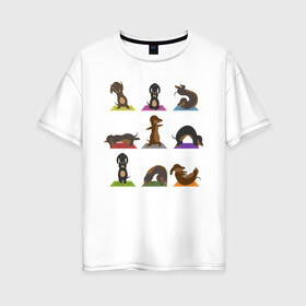 Женская футболка хлопок Oversize с принтом Таксы и йога в Новосибирске, 100% хлопок | свободный крой, круглый ворот, спущенный рукав, длина до линии бедер
 | асаны | зож | йог | йога | образ жизни | пп | собака | спорт | такса | фитнес