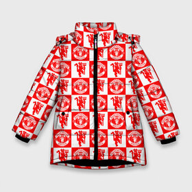 Зимняя куртка для девочек 3D с принтом MANCHESTER UNITED в Новосибирске, ткань верха — 100% полиэстер; подклад — 100% полиэстер, утеплитель — 100% полиэстер. | длина ниже бедра, удлиненная спинка, воротник стойка и отстегивающийся капюшон. Есть боковые карманы с листочкой на кнопках, утяжки по низу изделия и внутренний карман на молнии. 

Предусмотрены светоотражающий принт на спинке, радужный светоотражающий элемент на пуллере молнии и на резинке для утяжки. | football | manchester united | англия. | кристал пэлас | манчестер | манчестер сити | манчестер юнайтед | футбол