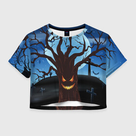 Женская футболка Crop-top 3D с принтом Жуткое дерево на кладбище в Новосибирске, 100% полиэстер | круглая горловина, длина футболки до линии талии, рукава с отворотами | Тематика изображения на принте: 2020 | evil | halloween | tree | ветви | дерево | дуб | зло | кладбище | луна | монстр | ночь | полночь | страшный | ужасающий | хэллоуин | хэлоуин