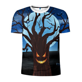 Мужская футболка 3D спортивная с принтом Жуткое дерево на кладбище в Новосибирске, 100% полиэстер с улучшенными характеристиками | приталенный силуэт, круглая горловина, широкие плечи, сужается к линии бедра | 2020 | evil | halloween | tree | ветви | дерево | дуб | зло | кладбище | луна | монстр | ночь | полночь | страшный | ужасающий | хэллоуин | хэлоуин