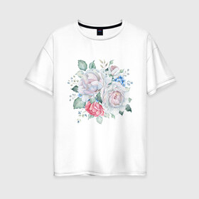Женская футболка хлопок Oversize с принтом Букет белые розы в Новосибирске, 100% хлопок | свободный крой, круглый ворот, спущенный рукав, длина до линии бедер
 | белые розы | букет | лето | нежность | цветы