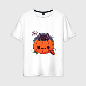Женская футболка хлопок Oversize с принтом Киса в тыкве в Новосибирске, 100% хлопок | свободный крой, круглый ворот, спущенный рукав, длина до линии бедер
 | cat | halloween | kitty | киса | кот | котик | кошка | тыква | хэллоуин