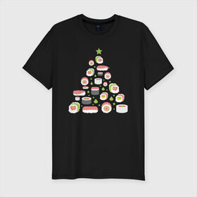 Мужская футболка хлопок Slim с принтом Новогодняя елка из суши в Новосибирске, 92% хлопок, 8% лайкра | приталенный силуэт, круглый вырез ворота, длина до линии бедра, короткий рукав | christmas | claus | new year | nigiri | santa | stars | sushi | tree | волшебство | дед мороз | дерево | ель | звезда | клаус | настроение | нигири | новогодняя | подарки | рождественская | рождественское | санта | сашими