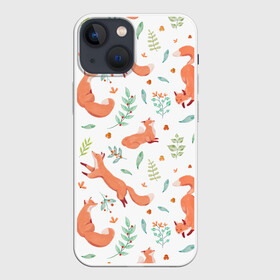 Чехол для iPhone 13 mini с принтом Акварельные лисички в Новосибирске,  |  | art | autumn | cute | pattern | winter | акварель | арт | арты | бежит | живопись | животные | зима | иллюстрация | лиса | лисица | лисы | милая | нарисованная | осень | охотник | пастель | паттерн | прыгает | пушистая