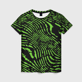 Женская футболка 3D с принтом Зебра в Новосибирске, 100% полиэфир ( синтетическое хлопкоподобное полотно) | прямой крой, круглый вырез горловины, длина до линии бедер | green | green lines | green neon | green neon lines | green zebra | lines | zebra | в полоску | зебра | зеленая зебра | зелёные полосы | зелёный | зелёный неон | полоски | полосы