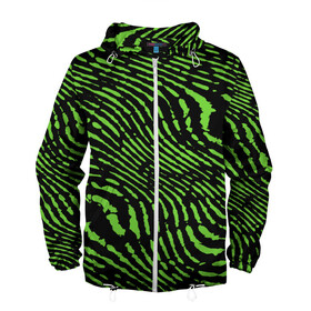 Мужская ветровка 3D с принтом Зебра в Новосибирске, 100% полиэстер | подол и капюшон оформлены резинкой с фиксаторами, два кармана без застежек по бокам, один потайной карман на груди | Тематика изображения на принте: green | green lines | green neon | green neon lines | green zebra | lines | zebra | в полоску | зебра | зеленая зебра | зелёные полосы | зелёный | зелёный неон | полоски | полосы