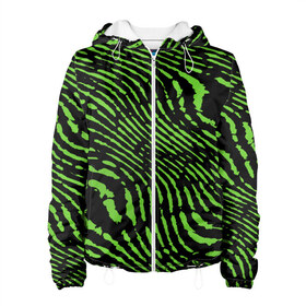 Женская куртка 3D с принтом Зебра в Новосибирске, ткань верха — 100% полиэстер, подклад — флис | прямой крой, подол и капюшон оформлены резинкой с фиксаторами, два кармана без застежек по бокам, один большой потайной карман на груди. Карман на груди застегивается на липучку | green | green lines | green neon | green neon lines | green zebra | lines | zebra | в полоску | зебра | зеленая зебра | зелёные полосы | зелёный | зелёный неон | полоски | полосы
