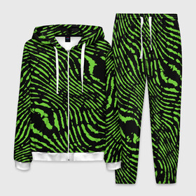 Мужской костюм 3D с принтом Зебра в Новосибирске, 100% полиэстер | Манжеты и пояс оформлены тканевой резинкой, двухслойный капюшон со шнурком для регулировки, карманы спереди | Тематика изображения на принте: green | green lines | green neon | green neon lines | green zebra | lines | zebra | в полоску | зебра | зеленая зебра | зелёные полосы | зелёный | зелёный неон | полоски | полосы