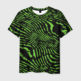 Мужская футболка 3D с принтом Зебра в Новосибирске, 100% полиэфир | прямой крой, круглый вырез горловины, длина до линии бедер | green | green lines | green neon | green neon lines | green zebra | lines | zebra | в полоску | зебра | зеленая зебра | зелёные полосы | зелёный | зелёный неон | полоски | полосы