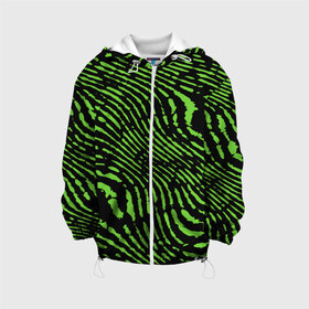 Детская куртка 3D с принтом Зебра в Новосибирске, 100% полиэстер | застежка — молния, подол и капюшон оформлены резинкой с фиксаторами, по бокам — два кармана без застежек, один потайной карман на груди, плотность верхнего слоя — 90 г/м2; плотность флисового подклада — 260 г/м2 | green | green lines | green neon | green neon lines | green zebra | lines | zebra | в полоску | зебра | зеленая зебра | зелёные полосы | зелёный | зелёный неон | полоски | полосы