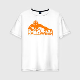Женская футболка хлопок Oversize с принтом Halloween в Новосибирске, 100% хлопок | свободный крой, круглый ворот, спущенный рукав, длина до линии бедер
 | 31 октября | halloween | halowen | ведьма | день всех святых | джек | костюм | кровь | лого | монстр | надпись | праздник | приведение | призрак | светильник | символ | страшная | тыква | ужасы | хеллоуин | хеллуин