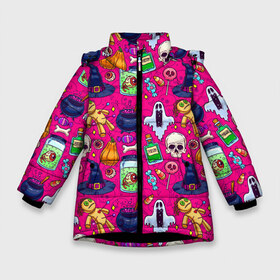 Зимняя куртка для девочек 3D с принтом HALLOWEEN в Новосибирске, ткань верха — 100% полиэстер; подклад — 100% полиэстер, утеплитель — 100% полиэстер. | длина ниже бедра, удлиненная спинка, воротник стойка и отстегивающийся капюшон. Есть боковые карманы с листочкой на кнопках, утяжки по низу изделия и внутренний карман на молнии. 

Предусмотрены светоотражающий принт на спинке, радужный светоотражающий элемент на пуллере молнии и на резинке для утяжки. | halloween | праздник хэллоуин | страшный | тыква. | ужас | хэллоуин | хэллоуин 2020