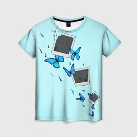 Женская футболка 3D с принтом Live Is Strange в Новосибирске, 100% полиэфир ( синтетическое хлопкоподобное полотно) | прямой крой, круглый вырез горловины, длина до линии бедер | бабочки | градиент | осколки | полароид