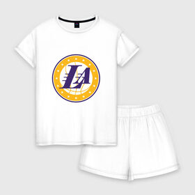 Женская пижама с шортиками хлопок с принтом LA Lakers в Новосибирске, 100% хлопок | футболка прямого кроя, шорты свободные с широкой мягкой резинкой | 23 | anthony davis | basketball | bryant | game | james | kobe | lebron | los angeles | nba | sport | баскетбол | брайант | бровь | джеймс | калифорния | коби | король | леброн | лейкерс | лос анджелес | нба | спорт | тренер | чемпио