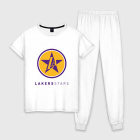 Женская пижама хлопок с принтом Lakers Stars в Новосибирске, 100% хлопок | брюки и футболка прямого кроя, без карманов, на брюках мягкая резинка на поясе и по низу штанин | 23 | anthony davis | basketball | bryant | game | james | kobe | lebron | los angeles | nba | sport | баскетбол | брайант | бровь | джеймс | калифорния | коби | король | леброн | лейкерс | лос анджелес | нба | спорт | тренер | чемпио