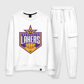 Женский костюм хлопок с принтом Los Angeles Lakers в Новосибирске, 100% хлопок | на свитшоте круглая горловина, мягкая резинка по низу. Брюки заужены к низу, на них два вида карманов: два 