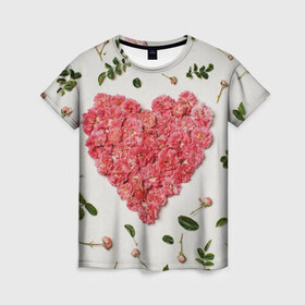 Женская футболка 3D с принтом Сердце из роз в Новосибирске, 100% полиэфир ( синтетическое хлопкоподобное полотно) | прямой крой, круглый вырез горловины, длина до линии бедер | бутон роз | лепестки роз | роза | розы | сердце | сердце из роз | цветы