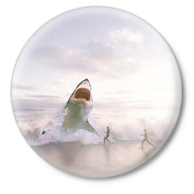 Значок с принтом Мегалодон в Новосибирске,  металл | круглая форма, металлическая застежка в виде булавки | акула | акулы | волны | животное | животные | мегалодон | море | пейзаж | пейзажи | пляж | хищник | хищники