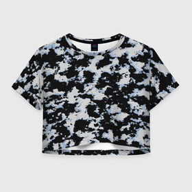 Женская футболка Crop-top 3D с принтом Sky Camo в Новосибирске, 100% полиэстер | круглая горловина, длина футболки до линии талии, рукава с отворотами | Тематика изображения на принте: black and white | camo | camouflage | cloud | clouds | skies | sky | sky camouflage | urban | urban camo | urban camouflage | городской камуфляж | камуфляж | облака | облако | чёрный и белый