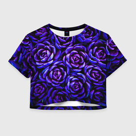 Женская футболка Crop-top 3D с принтом Lovely Roses в Новосибирске, 100% полиэстер | круглая горловина, длина футболки до линии талии, рукава с отворотами | Тематика изображения на принте: flowers | large | lovely roses | plants | purple | roses | succulent | texture | крупный | прекрасные розы | растения | розы | суккулент | текстура | фиолетовый | цветы