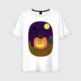 Женская футболка хлопок Oversize с принтом Мяу! Конфеты или жизнь! в Новосибирске, 100% хлопок | свободный крой, круглый ворот, спущенный рукав, длина до линии бедер
 | зомби | кот | летучая мышь | луна | могильная плита | праздник | рука | тыква | хэллоуин | черный