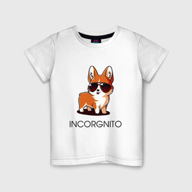 Детская футболка хлопок с принтом ИНКОРГНИТО в Новосибирске, 100% хлопок | круглый вырез горловины, полуприлегающий силуэт, длина до линии бедер | Тематика изображения на принте: corgi | инкогнито | корги | кошка | очки | пушистый | собака | собачка | собачки