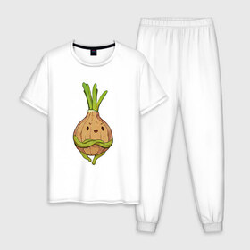 Мужская пижама хлопок с принтом Хитрый лук в Новосибирске, 100% хлопок | брюки и футболка прямого кроя, без карманов, на брюках мягкая резинка на поясе и по низу штанин
 | арт | зелёный | лук | луковица | овощ | рисунок | хитрец | хитрый