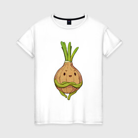 Женская футболка хлопок с принтом Хитрый лук в Новосибирске, 100% хлопок | прямой крой, круглый вырез горловины, длина до линии бедер, слегка спущенное плечо | арт | зелёный | лук | луковица | овощ | рисунок | хитрец | хитрый