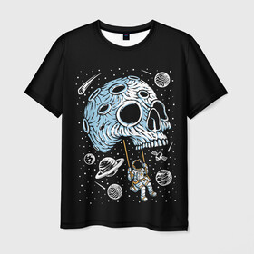 Мужская футболка 3D с принтом Skull Space в Новосибирске, 100% полиэфир | прямой крой, круглый вырез горловины, длина до линии бедер | art | asteroid | astronaut | meteorite | planets | satellite | skull | space | stars | арт | астероид | звезды | космонавт | космос | метеорит | планеты | спутник | череп