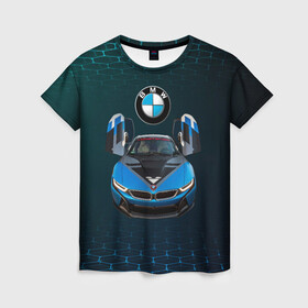 Женская футболка 3D с принтом BMW i8 Turbo тюнинговая. в Новосибирске, 100% полиэфир ( синтетическое хлопкоподобное полотно) | прямой крой, круглый вырез горловины, длина до линии бедер | bmw | bmw performance | bmw тюнинговая | i8 | i8 turbo | m | motorsport | performance | бмв | моторспорт | тюнинг