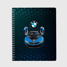 Тетрадь с принтом BMW i8 Turbo тюнинговая в Новосибирске, 100% бумага | 48 листов, плотность листов — 60 г/м2, плотность картонной обложки — 250 г/м2. Листы скреплены сбоку удобной пружинной спиралью. Уголки страниц и обложки скругленные. Цвет линий — светло-серый
 | Тематика изображения на принте: bmw | bmw performance | bmw тюнинговая | i8 | i8 turbo | m | motorsport | performance | бмв | моторспорт | тюнинг