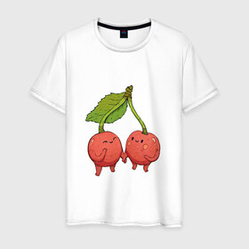 Мужская футболка хлопок с принтом Сестрички-вишни в Новосибирске, 100% хлопок | прямой крой, круглый вырез горловины, длина до линии бедер, слегка спущенное плечо. | арт | вишенка | вишенки | вишня | мило | милота | рисунок | свежий продукт | свежий ягода | ягода