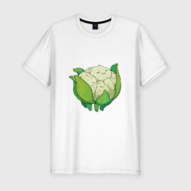 Мужская футболка хлопок Slim с принтом Милая капуста в Новосибирске, 92% хлопок, 8% лайкра | приталенный силуэт, круглый вырез ворота, длина до линии бедра, короткий рукав | арт | капуста | мило | милота | овощ | овощи | рисунок | свежие овощи | свежий овощ | свежий продукт | цветная капуста