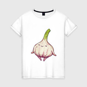 Женская футболка хлопок с принтом Милый чеснок в Новосибирске, 100% хлопок | прямой крой, круглый вырез горловины, длина до линии бедер, слегка спущенное плечо | арт | мило | милота | овощ | овощи | рисунок | свежие овощи | свежий овощ | свежий продукт | чеснок